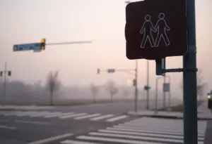 Quiet intersection in Milwaukee with a pedestrian crossing sign
