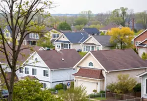 Aerial view of a suburban neighborhood in Milwaukee featuring different home designs.