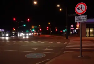 A nighttime view of a Milwaukee street emphasizing pedestrian safety with crosswalks and traffic signs.