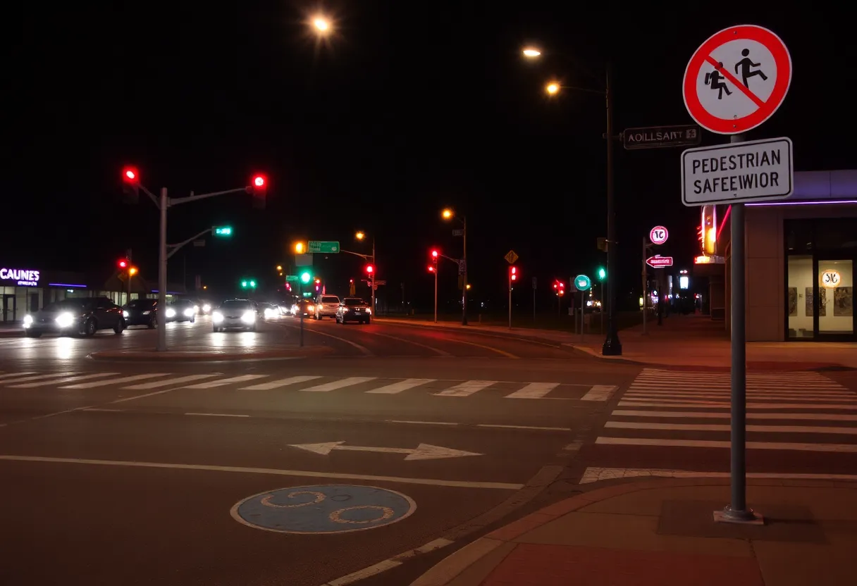 A nighttime view of a Milwaukee street emphasizing pedestrian safety with crosswalks and traffic signs.