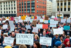Protesters at the No Kings protest in Milwaukee advocating for democracy