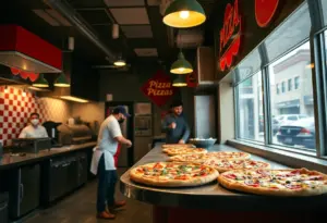 Interior view of a Milwaukee pizza restaurant with chefs making pizza.
