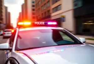 Milwaukee police vehicle with flashing lights in an urban area.