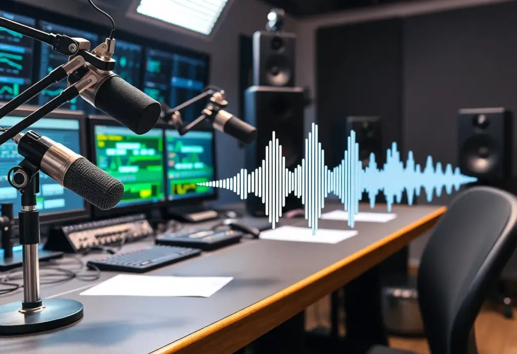 Radio station setup showcasing microphones and speakers