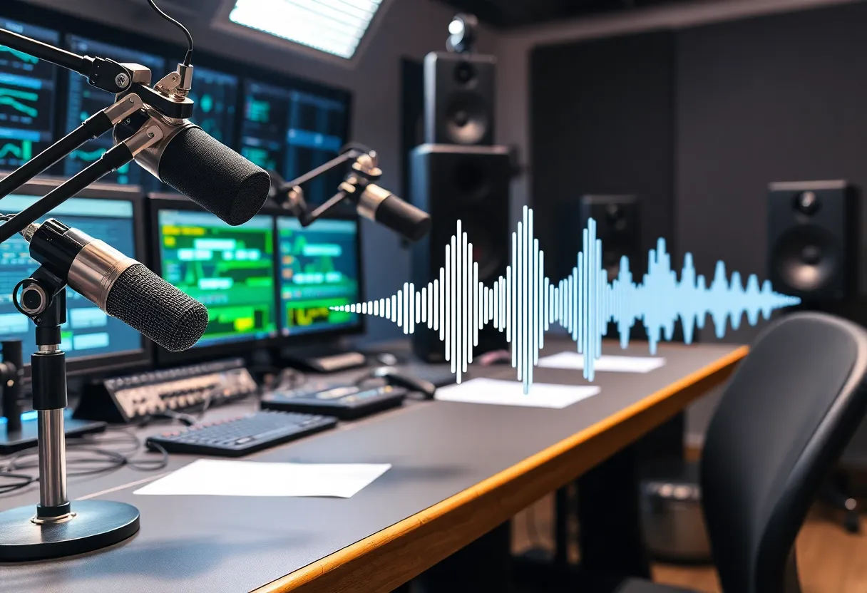 Radio station setup showcasing microphones and speakers