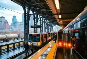 Modern interurban train station in Milwaukee with bustling activity