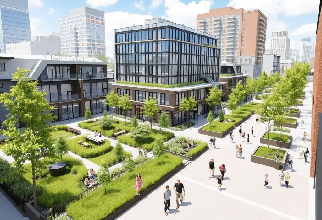 Conceptual image of downtown Milwaukee redevelopment showcasing modern buildings and community spaces