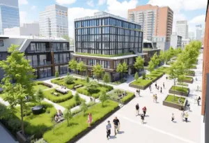 Conceptual image of downtown Milwaukee redevelopment showcasing modern buildings and community spaces