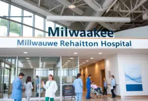 Exterior view of Milwaukee Rehabilitation Hospital with patients and staff.