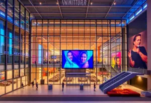 Exterior view of the Milwaukee Repertory Theater's new center with glass facade.