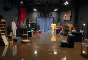 Flooded production facility of Milwaukee Repertory Theater with damaged props and equipment.