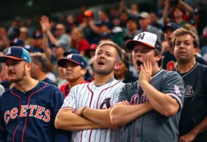 Fans at a baseball game showing emotions.