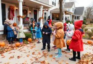 Children in costumes collecting candy during trick-or-treat in Milwaukee.