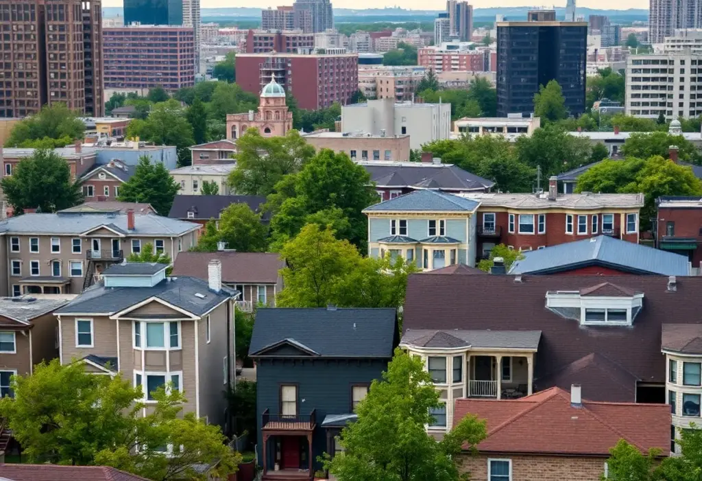 Street view of Milwaukee showing diverse housing options with a backdrop of the city skyline.