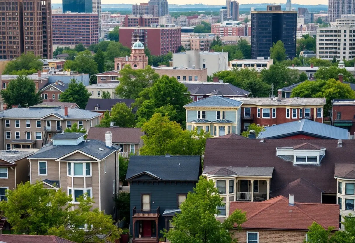Street view of Milwaukee showing diverse housing options with a backdrop of the city skyline.