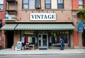 Exterior view of a vintage clothing store under renovation in Milwaukee.