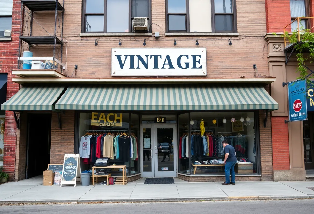 Exterior view of a vintage clothing store under renovation in Milwaukee.