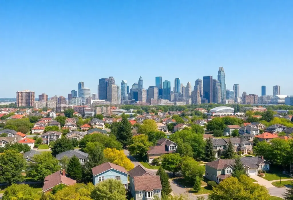 Skyline view of Milwaukee with residential homes in the foreground