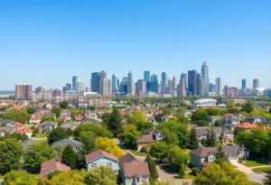 Skyline view of Milwaukee with residential homes in the foreground