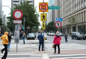 Traffic scene highlighting pedestrian safety issues