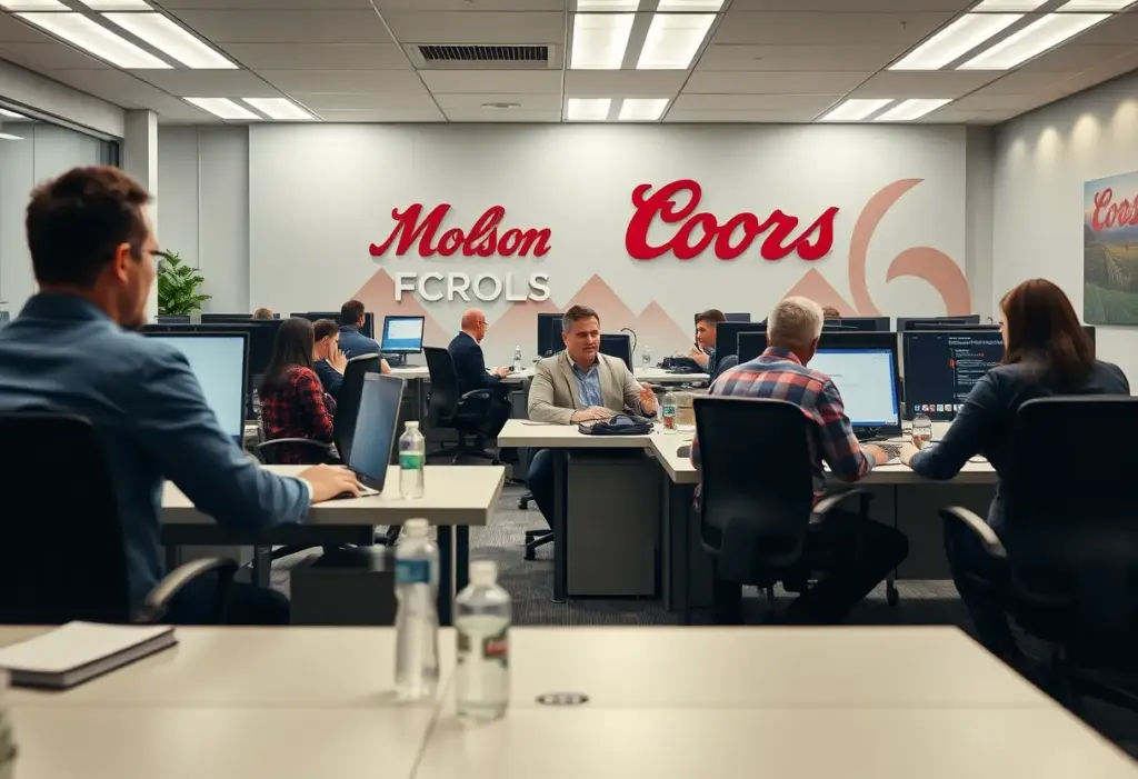 Molson Coors office environment showing employees in a meeting about restructuring.