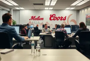 Molson Coors office environment showing employees in a meeting about restructuring.