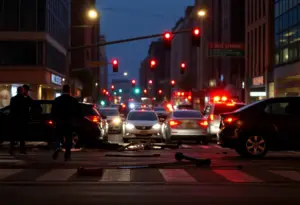 Scene of a moped accident with debris and emergency lights