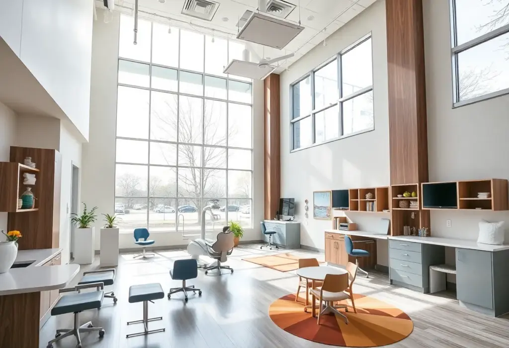 Interior view of the new Dental Associates office in Glendale showing modern design and children's play area.