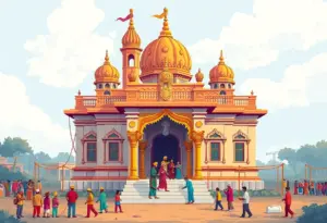 Illustration of a Sikh temple under construction, representing community support.