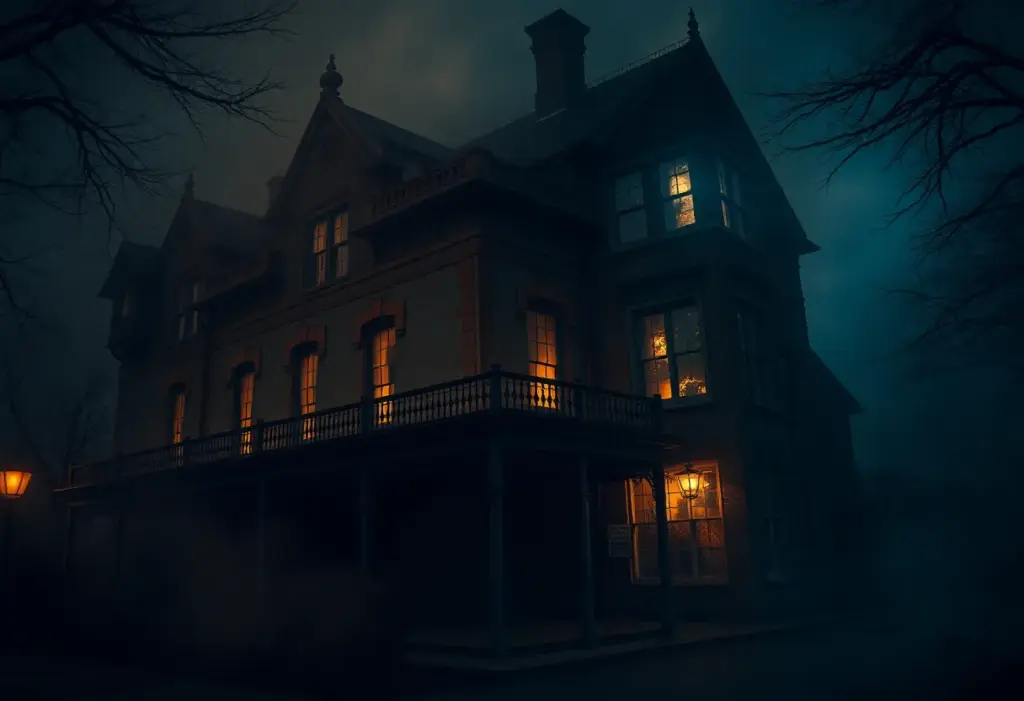 Exterior view of the Pfister Hotel with an eerie ambiance