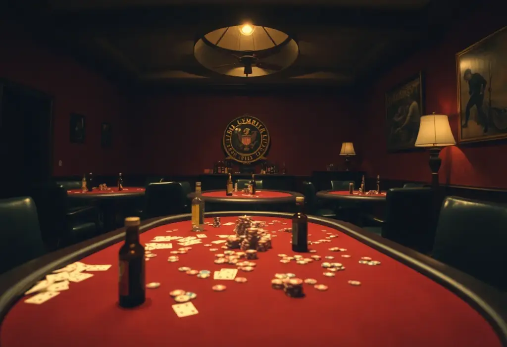 Poker tables with scattered cards and bottles, indicating a recent incident