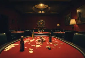 Poker tables with scattered cards and bottles, indicating a recent incident