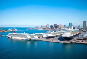 Cruise ships docked at Port Milwaukee with city skyline in the background.