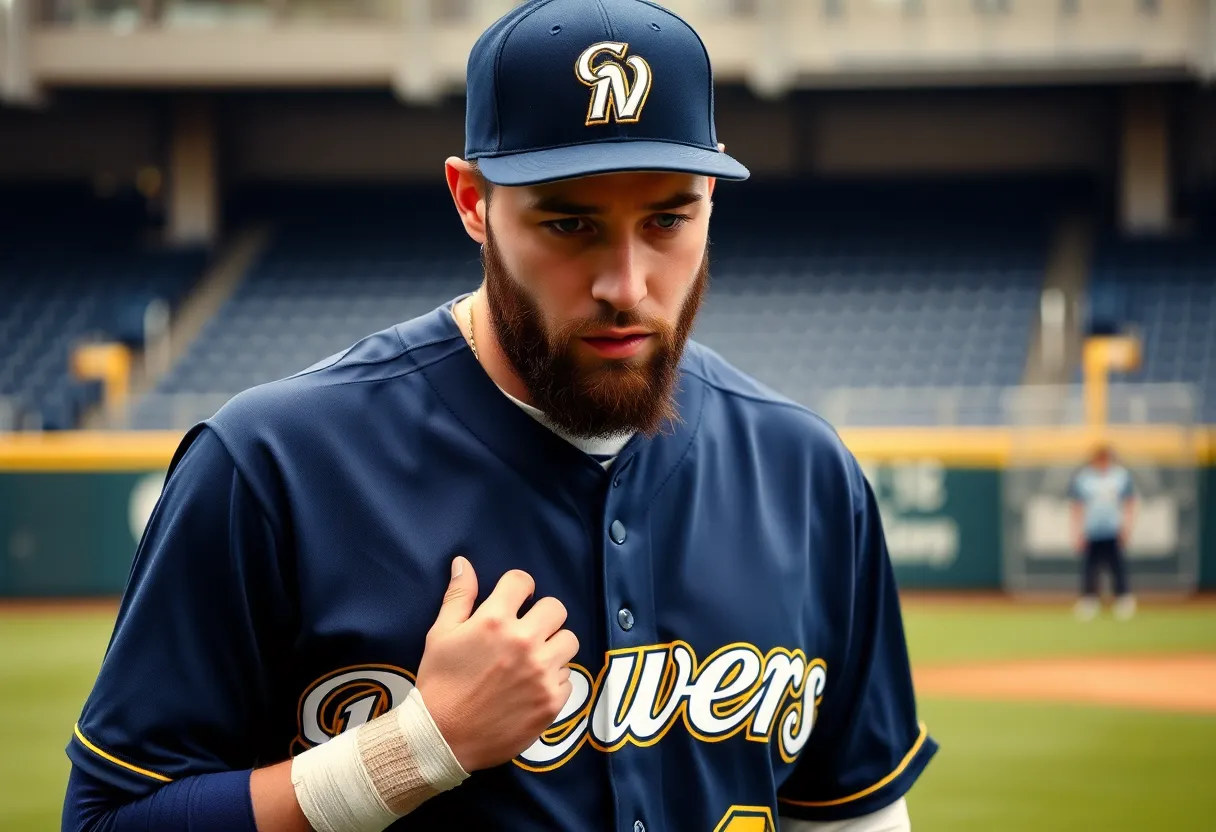 Baseball pitcher recovering from elbow surgery in training facility