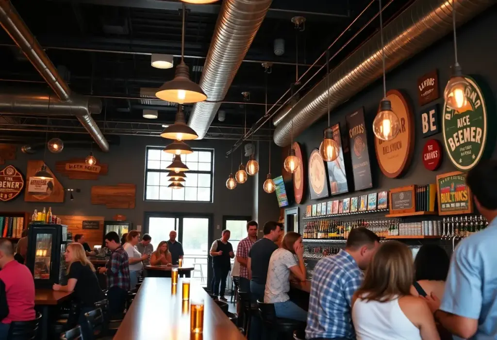 Interior of Solemn Oath Brewery taproom with patrons enjoying craft beers.