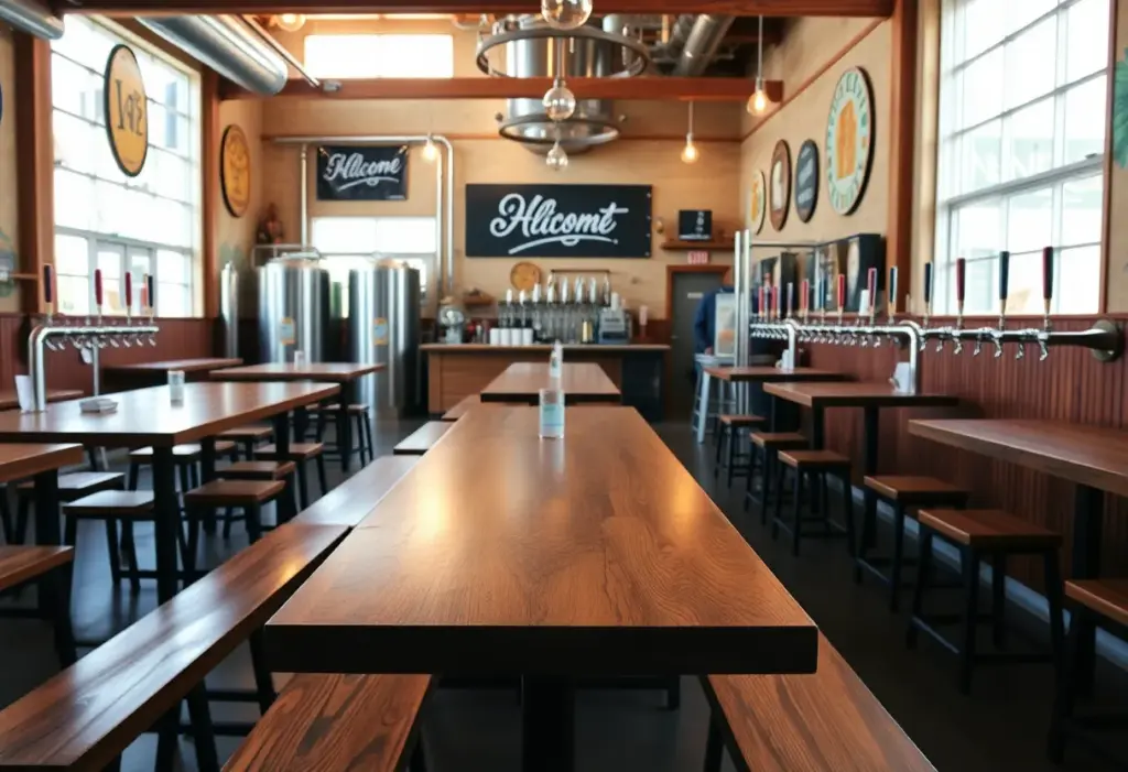 Conceptual image of the interior of Solemn Oath Brewery taproom with craft beer on display.