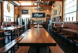 Conceptual image of the interior of Solemn Oath Brewery taproom with craft beer on display.