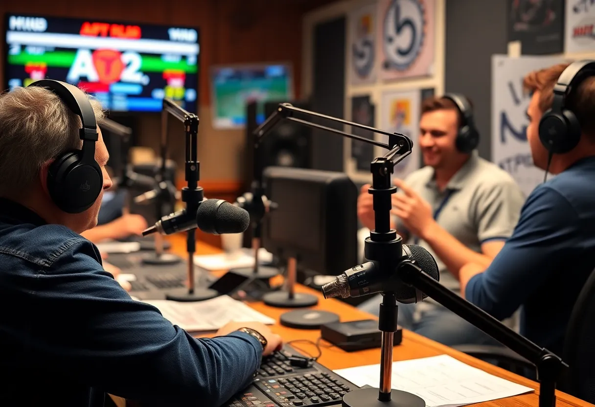 Sports talk radio studio setup with microphones and headphones.