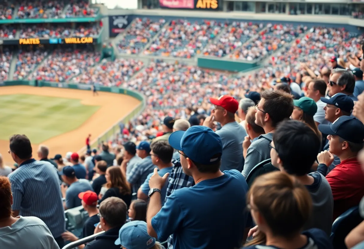 Baseball fans reacting in a stadium during a tense game moment