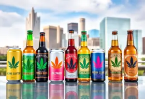 A variety of THC-infused drinks with a Milwaukee skyline in the background