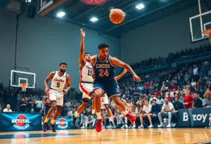Basketball scene with players showcasing athletic performance