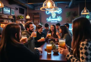 Community members enjoying a cannabis bar with hemp drinks