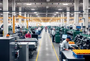 A modern manufacturing facility with workers and machinery