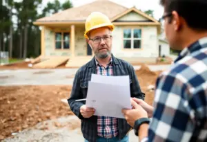 A homeowner interviewing a builder at a construction site in Columbia SC