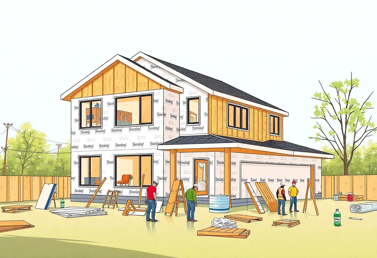 Construction site of a home in Milwaukee, with workers and building materials.