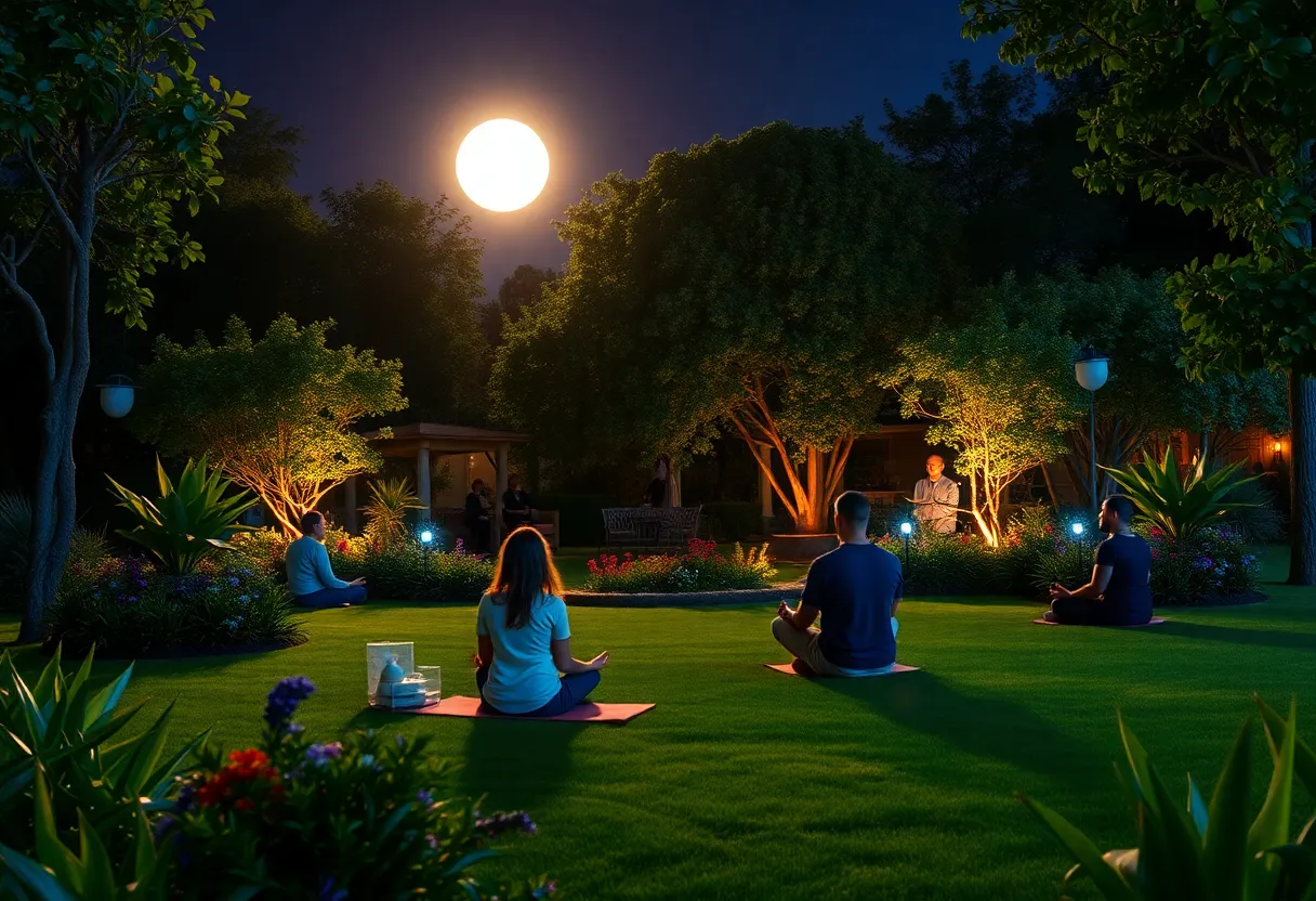 Participants enjoying a sound bath under the full moon in a garden setting