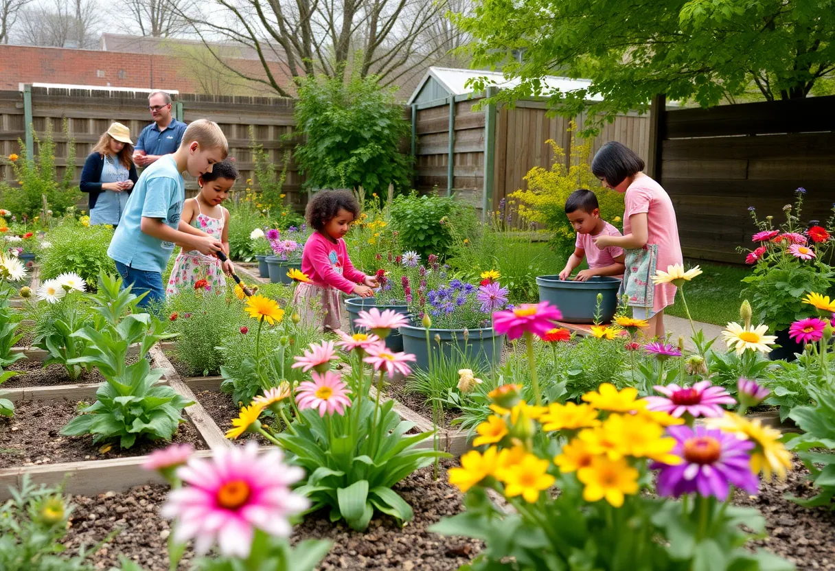 Families enjoying a community garden in Milwaukee during Spring.