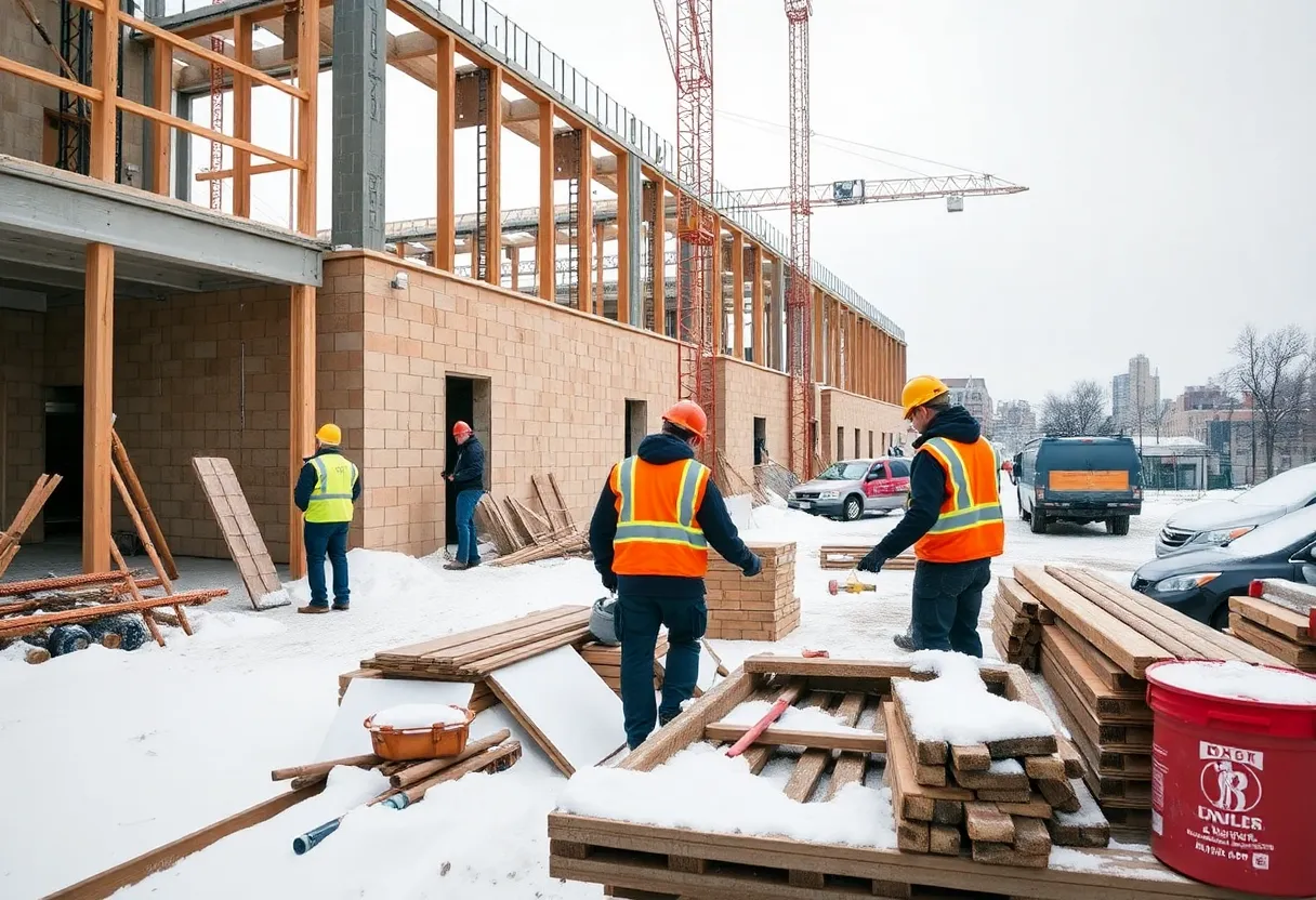Construction workers at a site in Milwaukee amidst winter conditions.